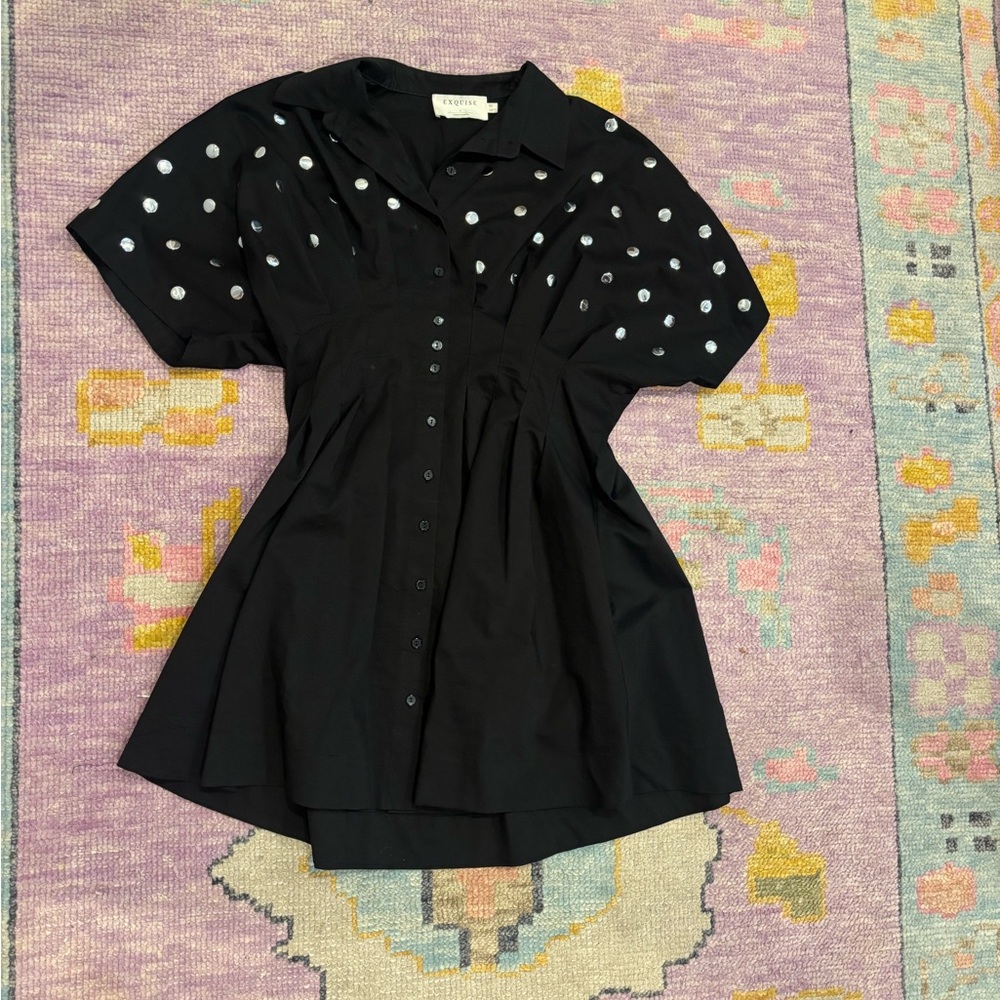 Black Button-Front Blouse with Silver Stud Detail